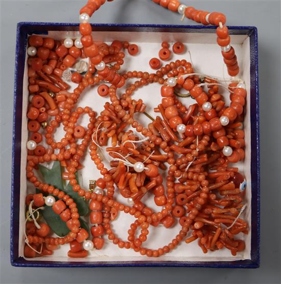 Coral necklaces and loose coral beads.